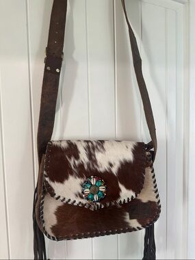Handcrafted Cowhide Fringe Crossbody Bag - Brown & White